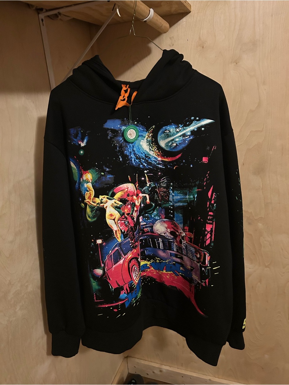 VLONE Black Crewneck Hoodie with Neon Space & Car Graphic